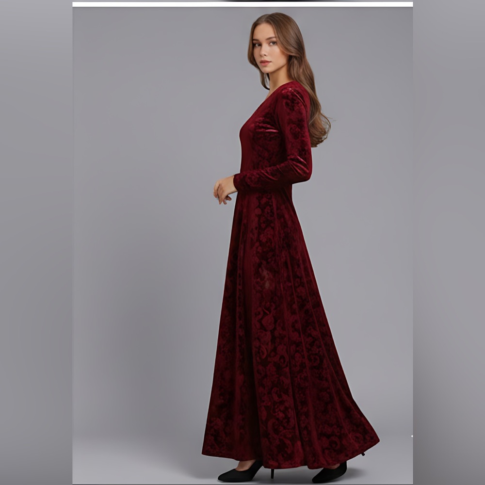 Burgundy  V-Neck Velvet Long Sleeve Dress - Picture 2 of 10